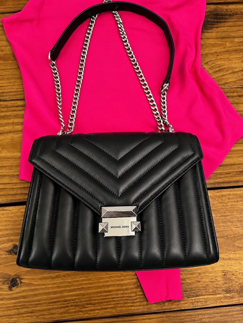 Michael Kors Whitney Black Quilted Chevron Shoulder Bag Silver Hardware